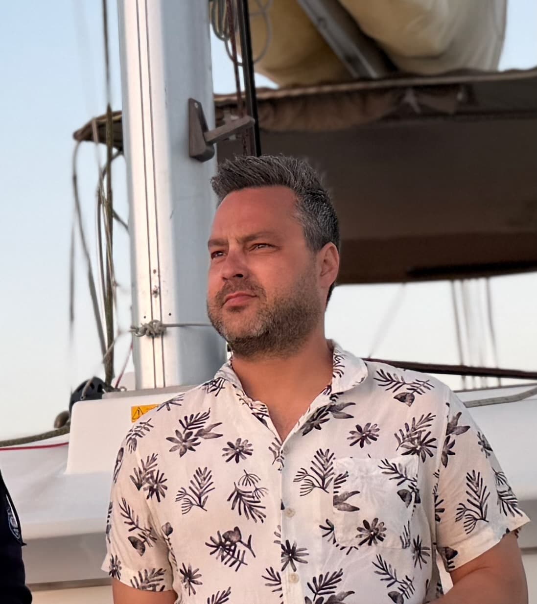 Justin Shahani aboard a sailboat
